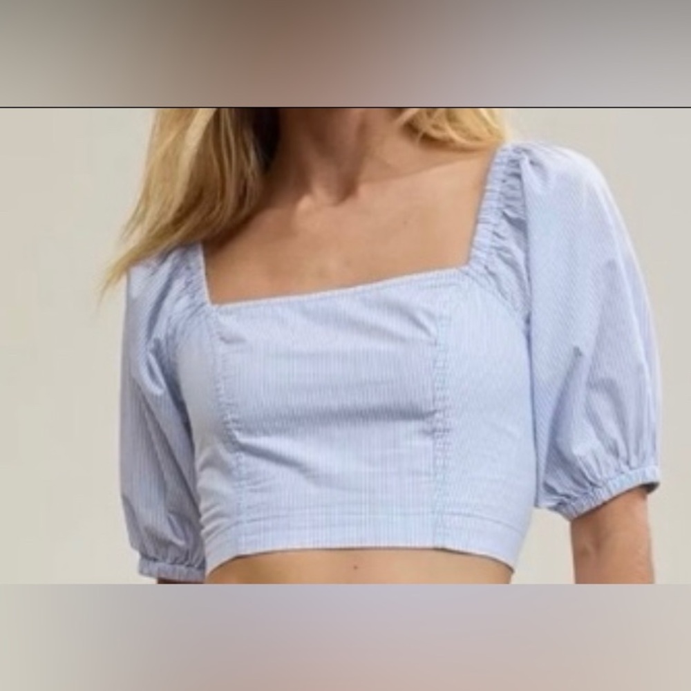 Aerie Blue and White Striped Square-Neck Crop Top Smocked Puffy Sleeve Top